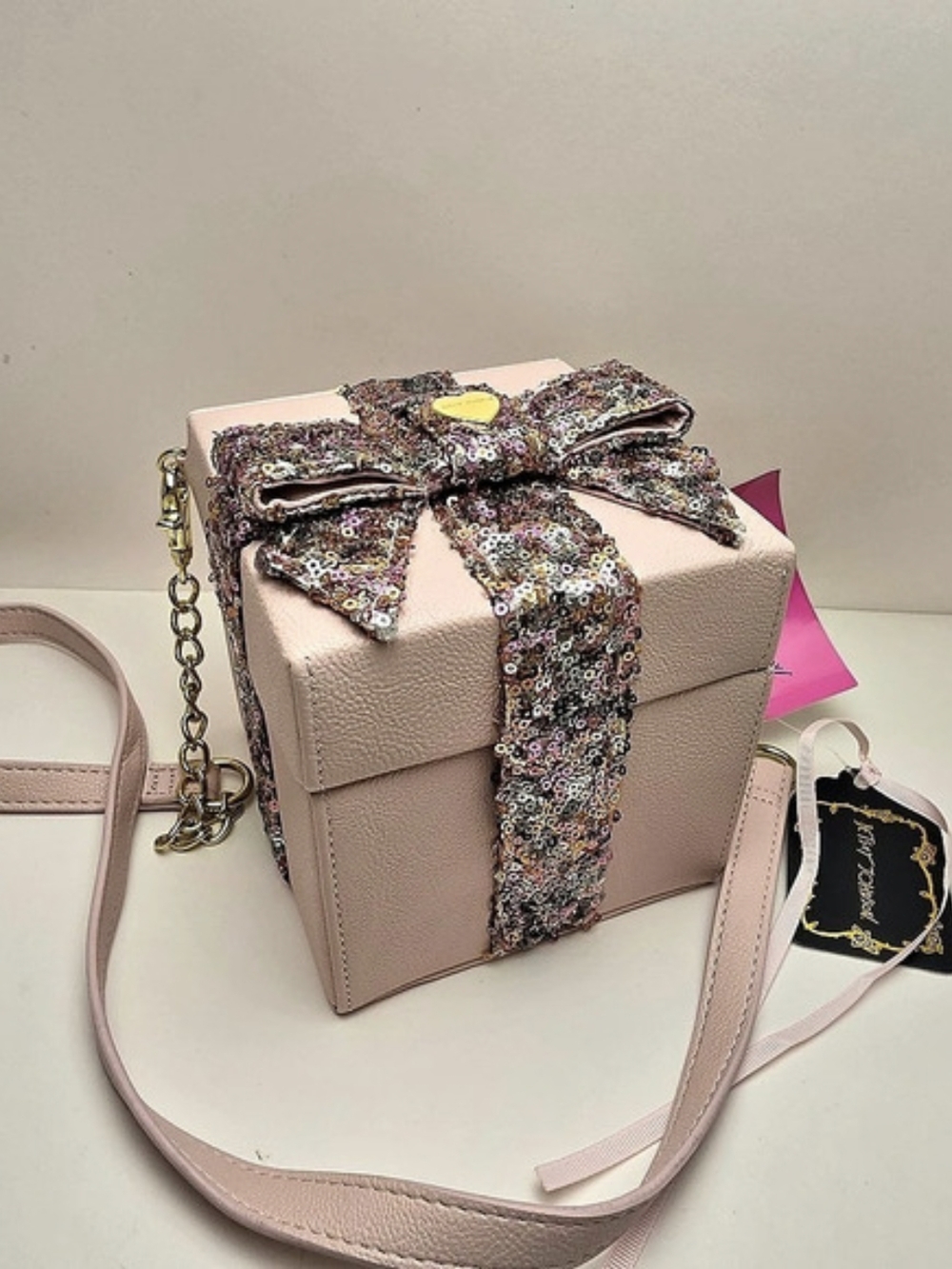 Betsey Johnson Gift Box Crossbody Bag Sequin Bow Gift Box Crossbody in Pink NWT